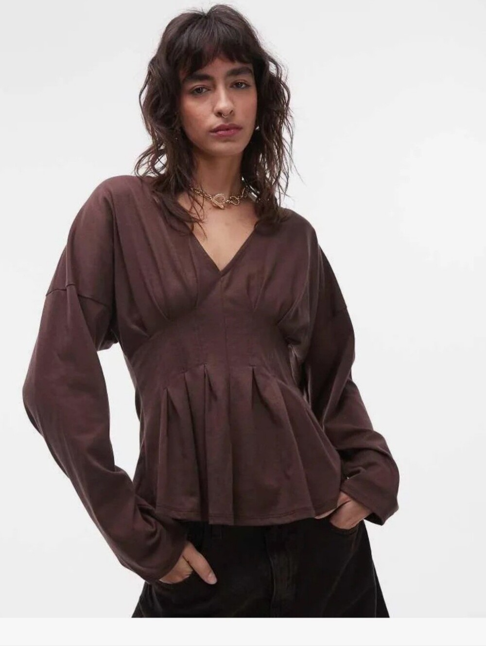 ASOS DESIGN Brown Linen-Look V-Neck Top - Pleated Tie Sleeves - US 8